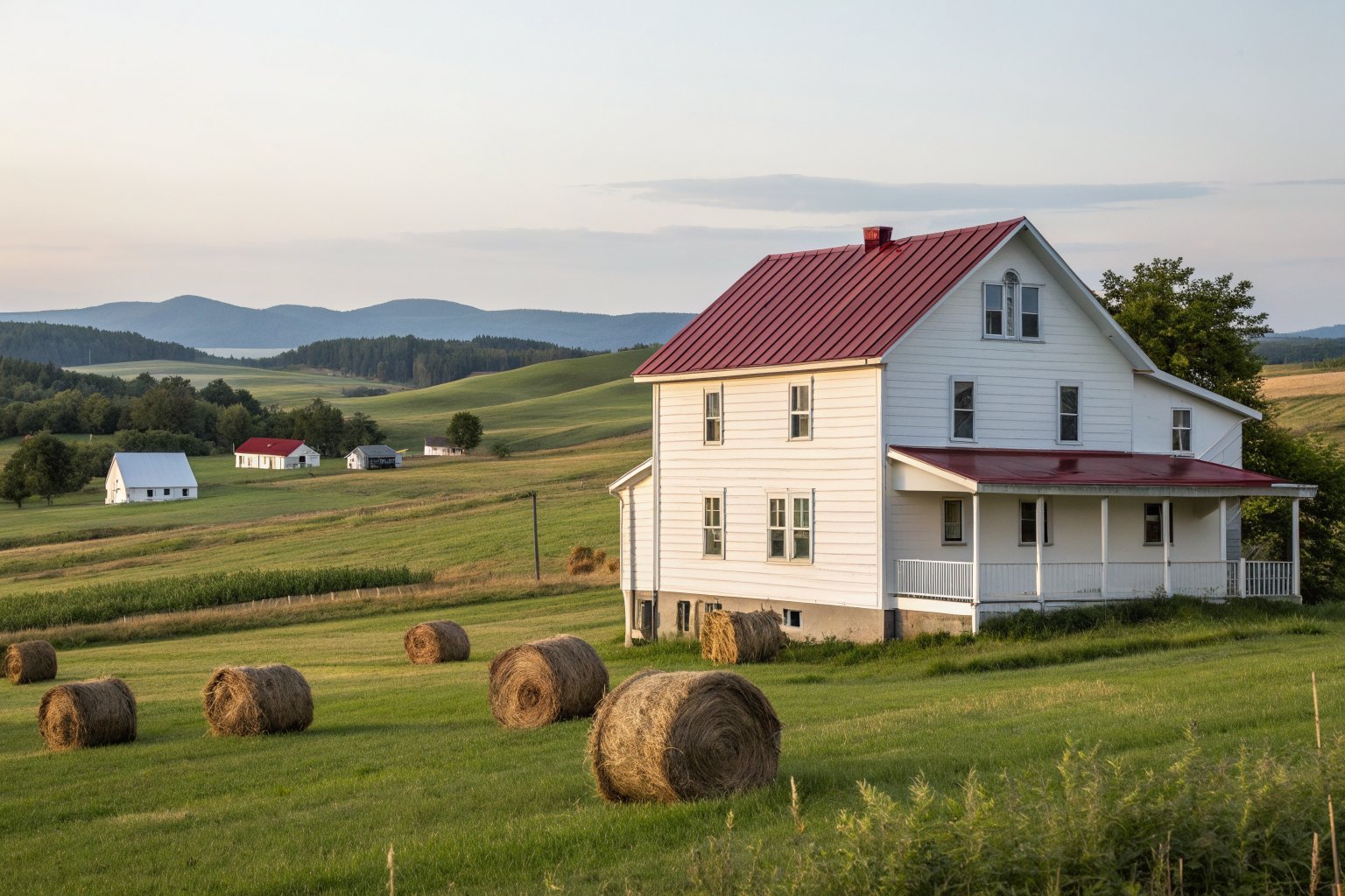 A white farmhouse with a red metal roof beside a pasture with round hay bales