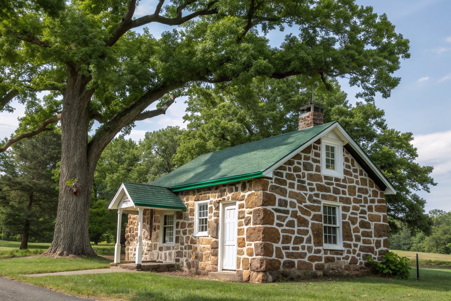 A small fieldstone cottage with white mortar lines and a green shingle roof under a big oak