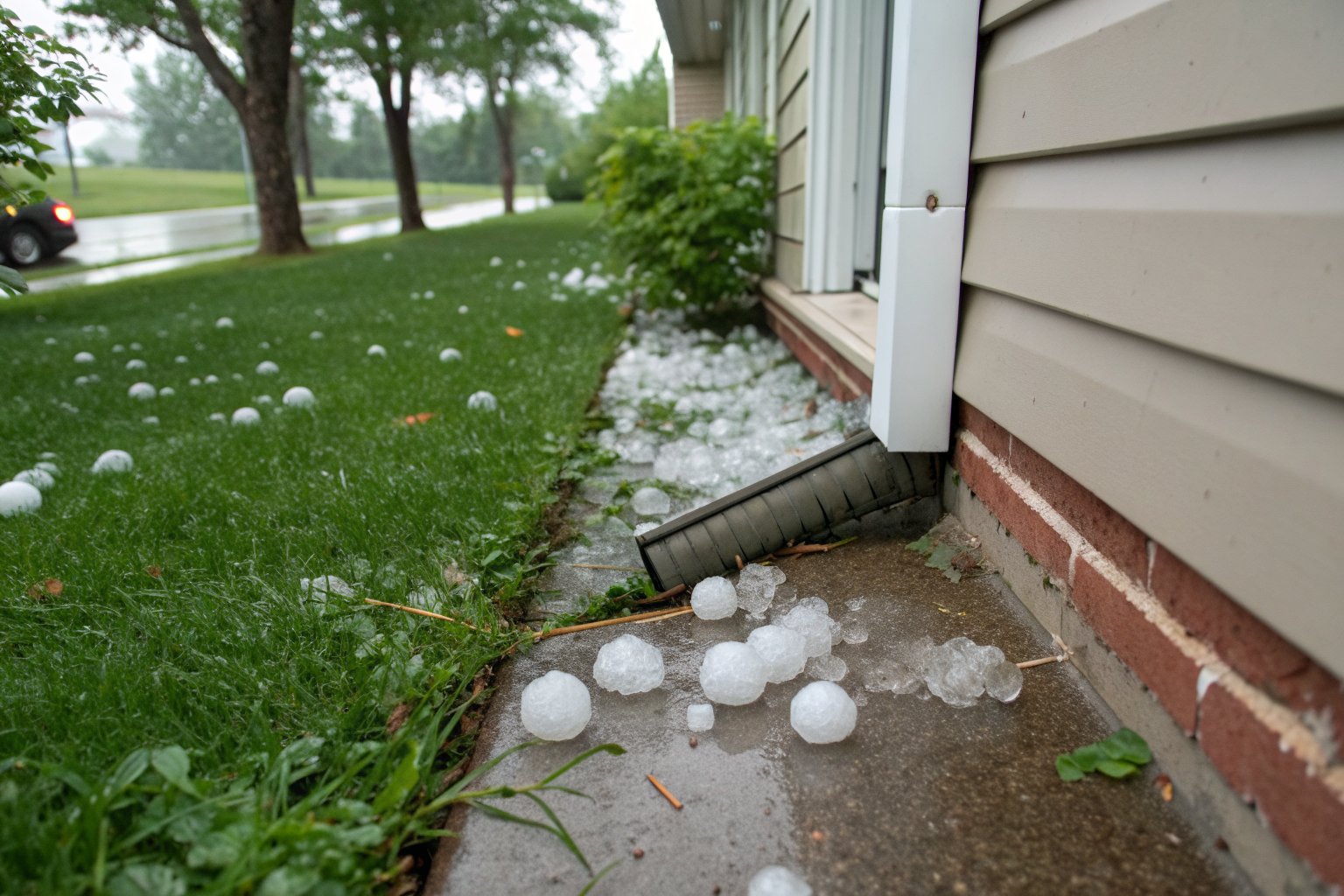 Large hailstones scattered on a lawn and walkway beside a house downspout after a storm