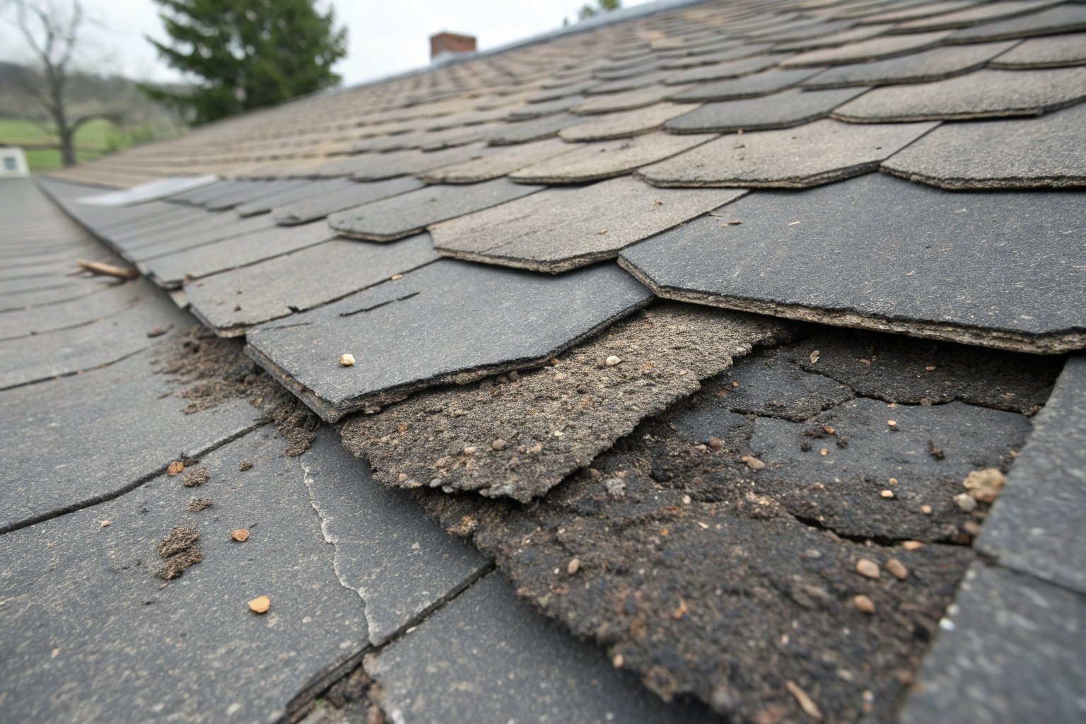 Close view of old shingles with heavy granule loss, bare mat showing and cracked tab edges