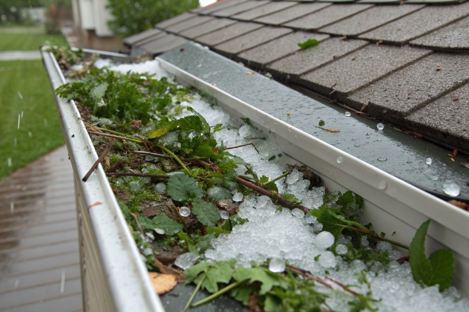 A gutter packed with melting hail and shredded leaves after a hailstorm