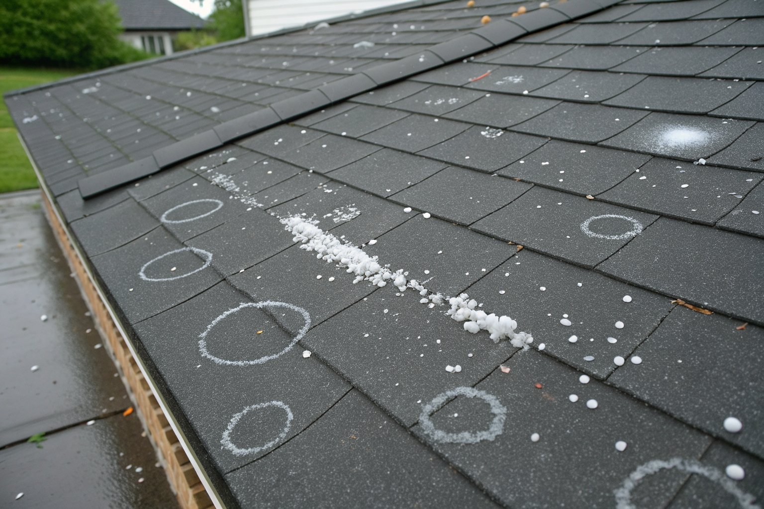 Hail dents on a dark gray shingle roof, several circled in white chalk