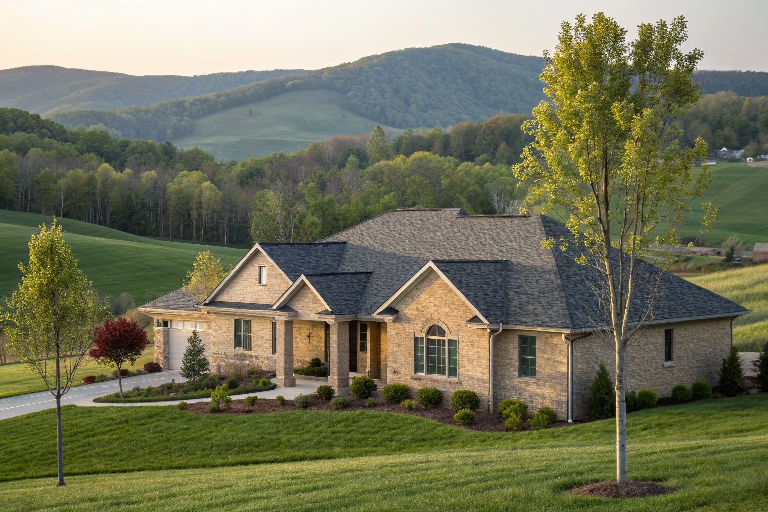 A tan brick ranch house with a new charcoal shingle roof and young trees, wooded rolling hills behind it