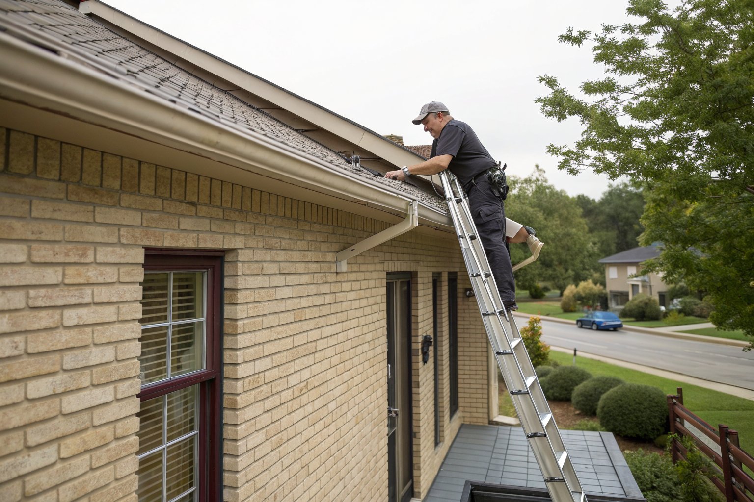A roofer on an extension ladder checking the gutter and roof edge of a brick house