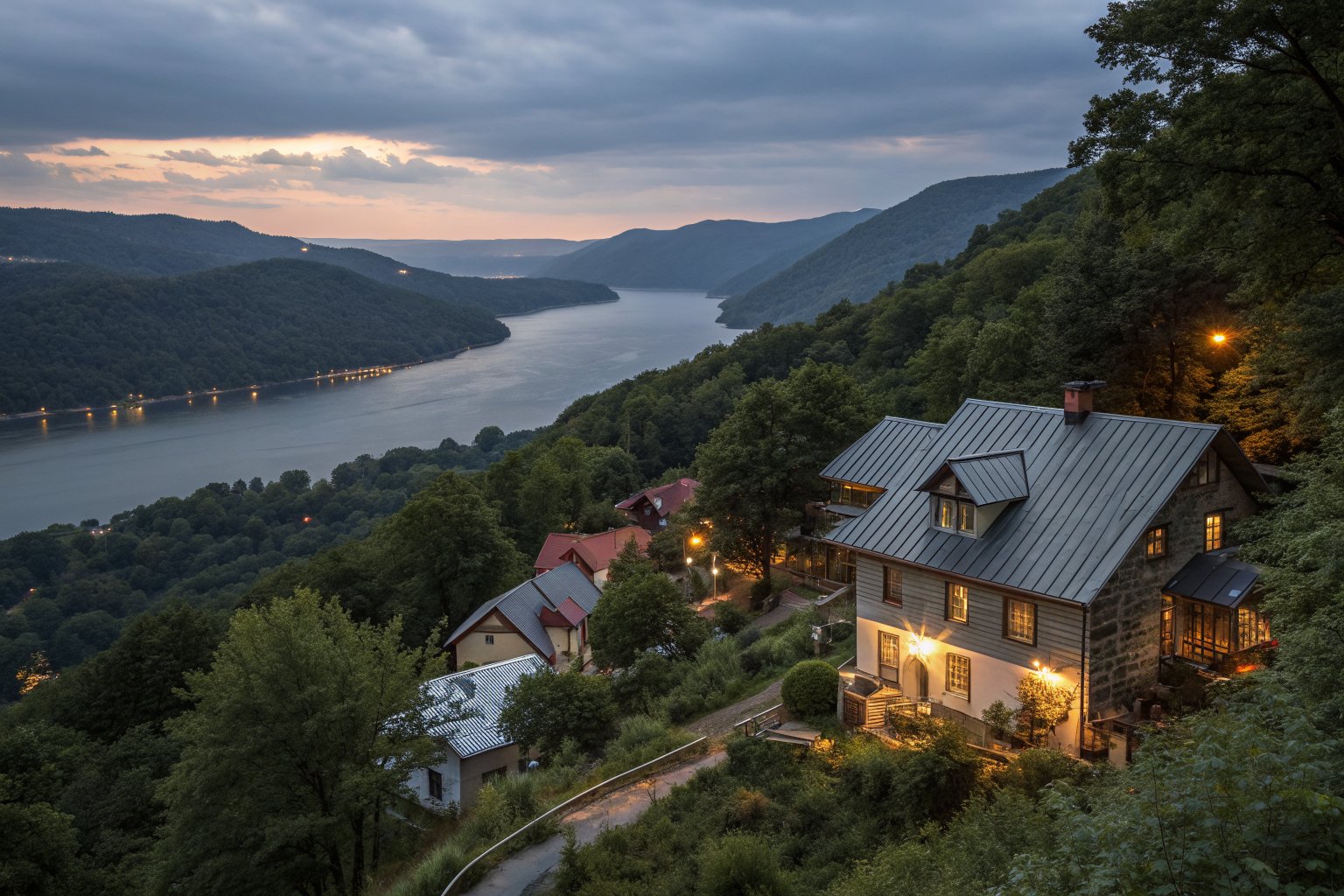 Homes with metal and shingle roofs on wooded hills above a winding lake at dusk