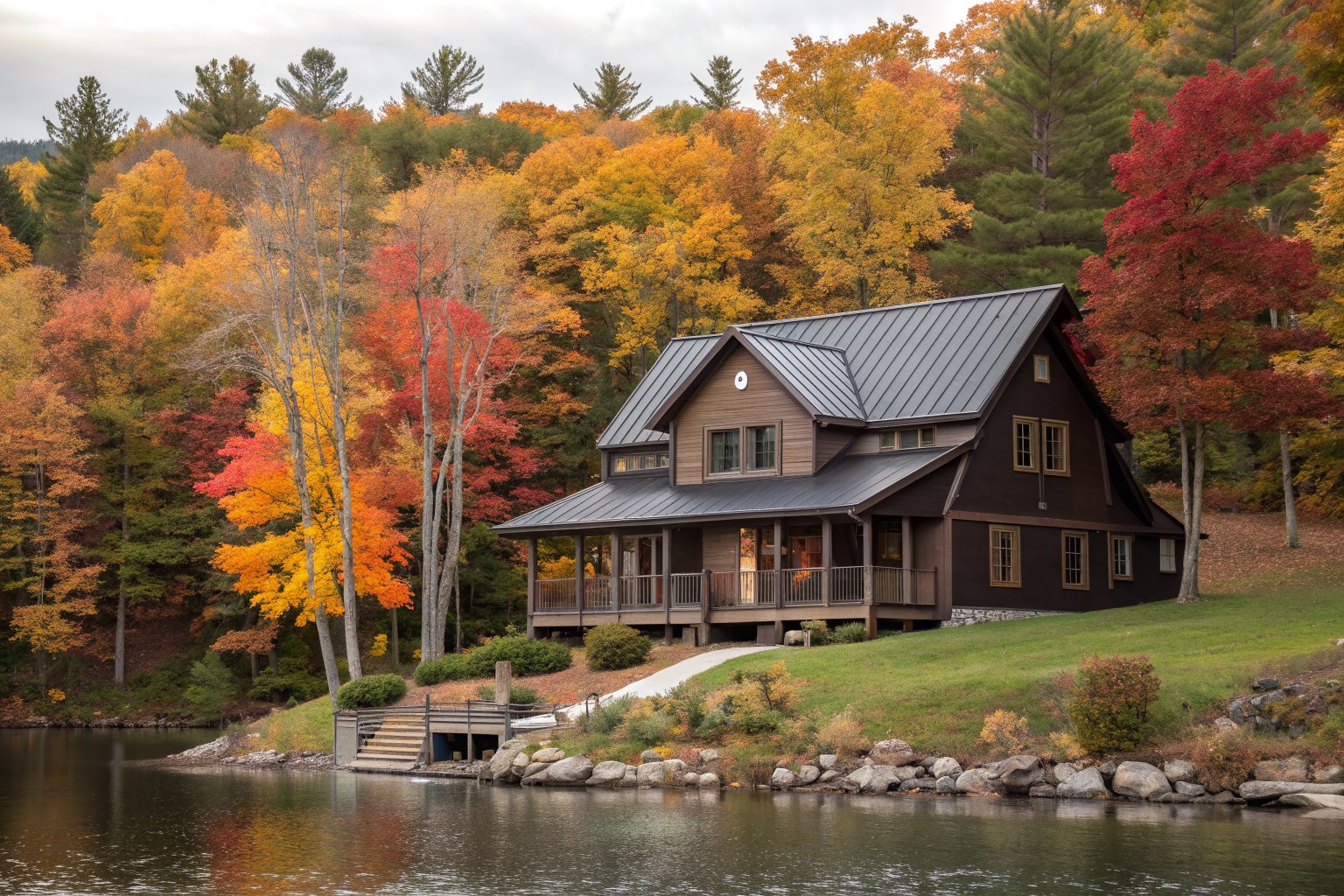 A two-story house with a dark standing-seam metal roof above a lake among autumn trees