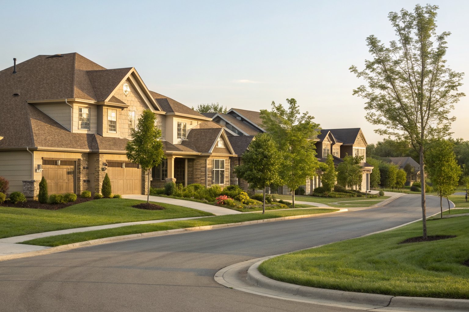 Newer two-story homes with brown architectural shingle roofs along a curving suburban street