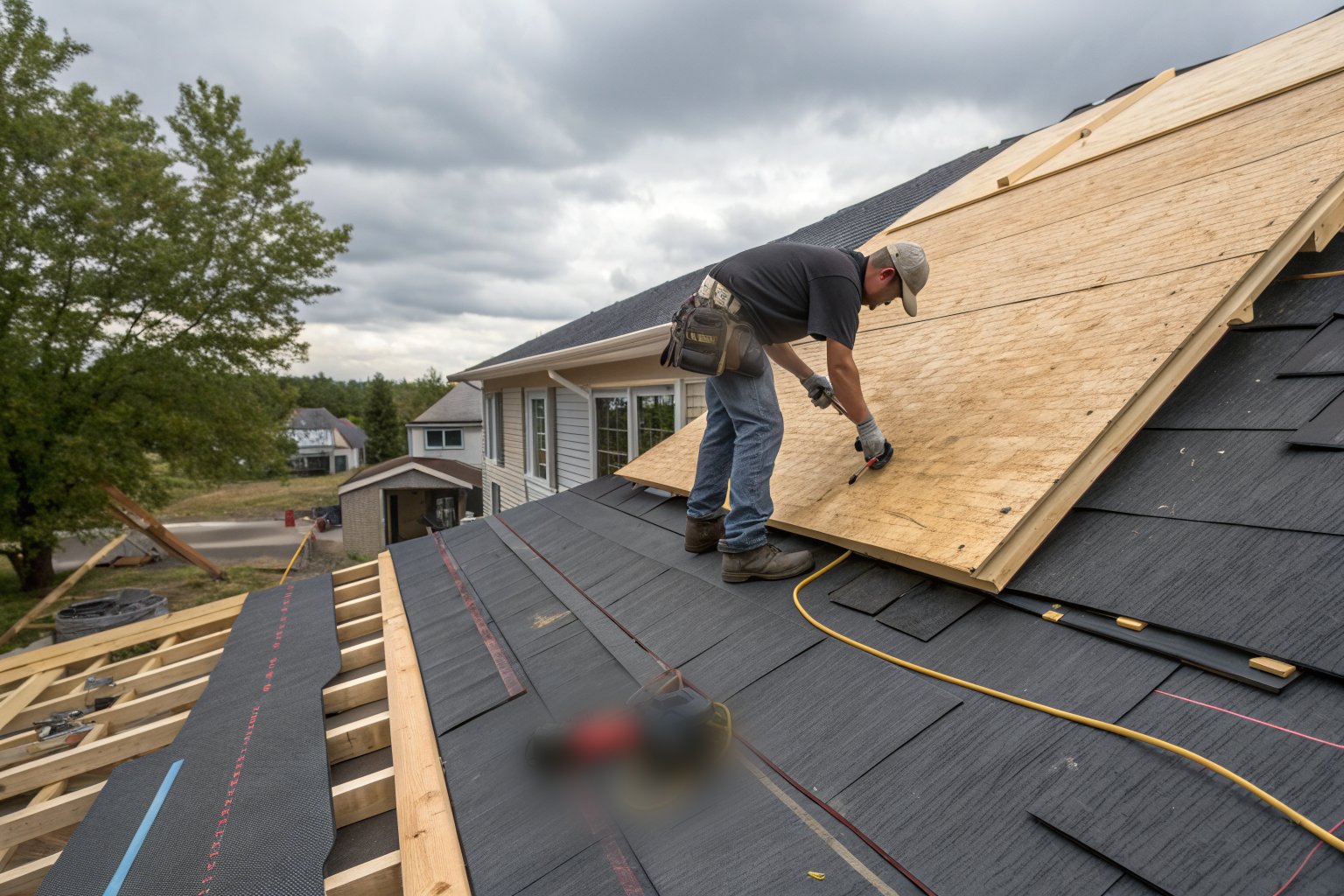 A roofer fastening new wood sheathing where damaged roof decking was cut out