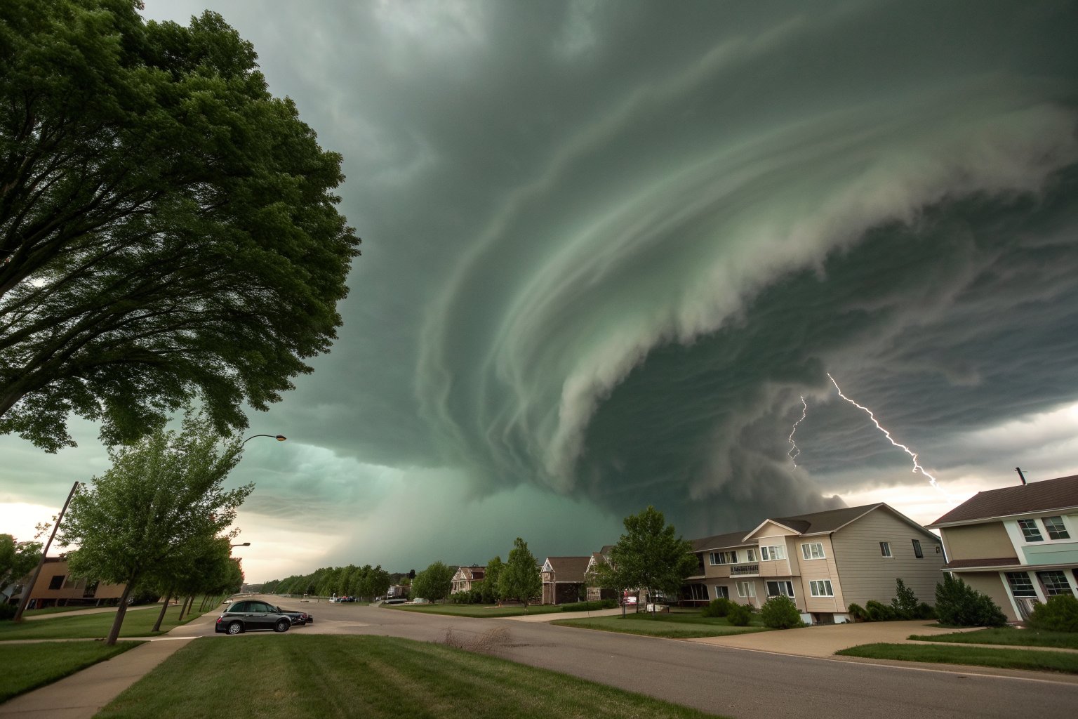 A dark green-gray storm cloud with lightning building over a street of homes