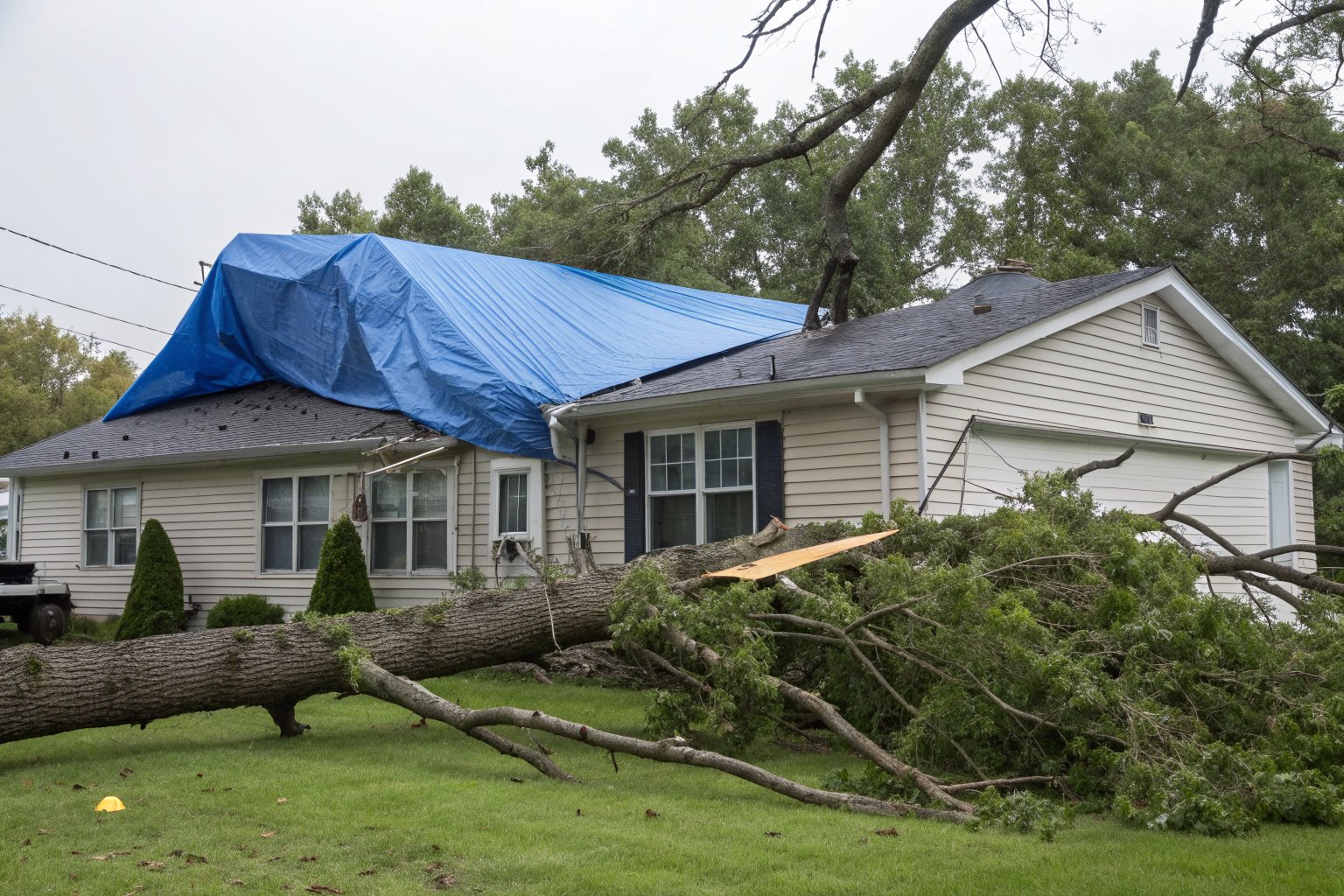 A blue tarp over part of a ranch house roof, with a fallen tree on the lawn after a storm