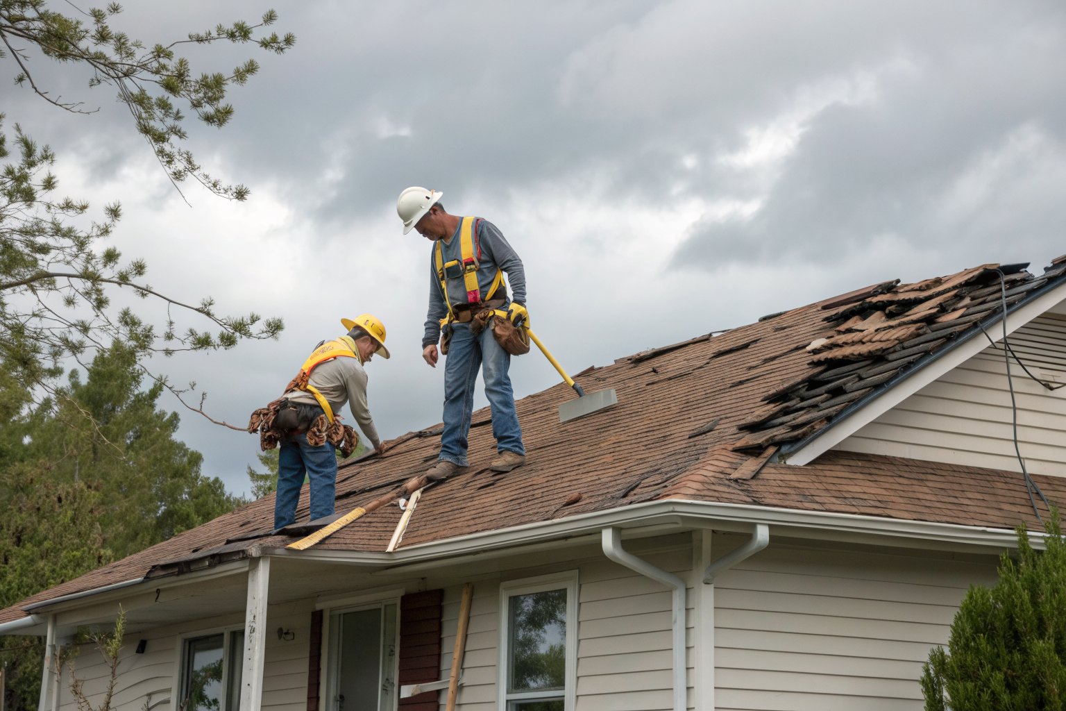 Two roofers in hard hats and harnesses stripping old shingles off a ranch house roof