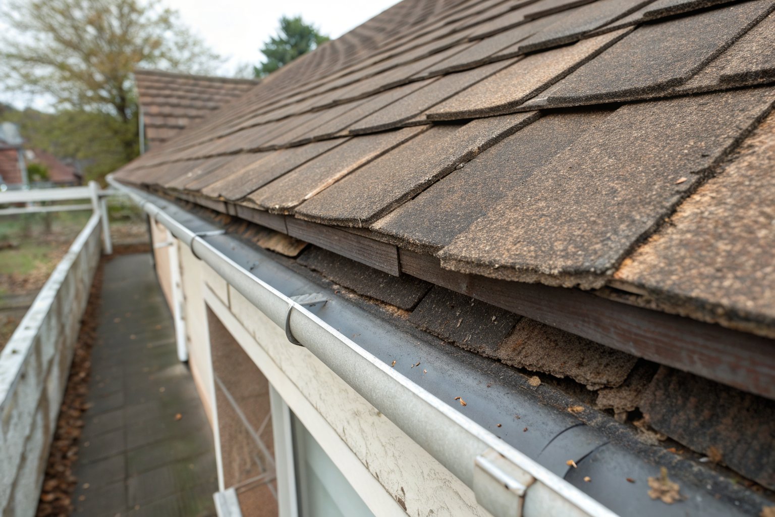 A roof edge where two layers of old shingles are stacked above the gutter