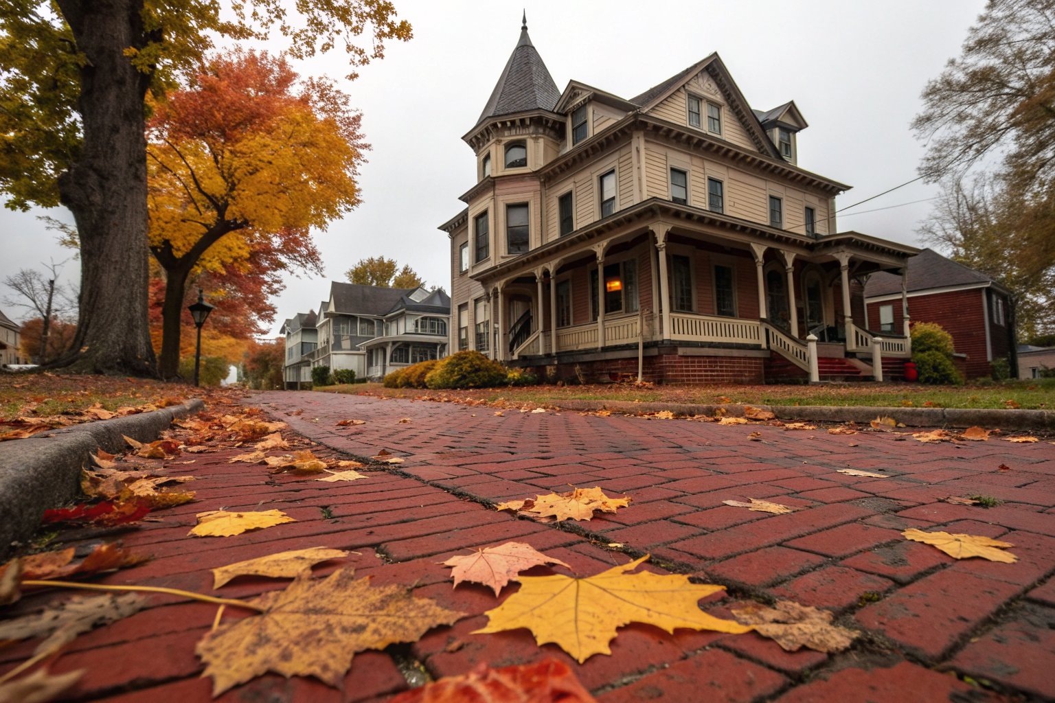 A two-story Victorian house with a wraparound porch on an old red brick street in autumn