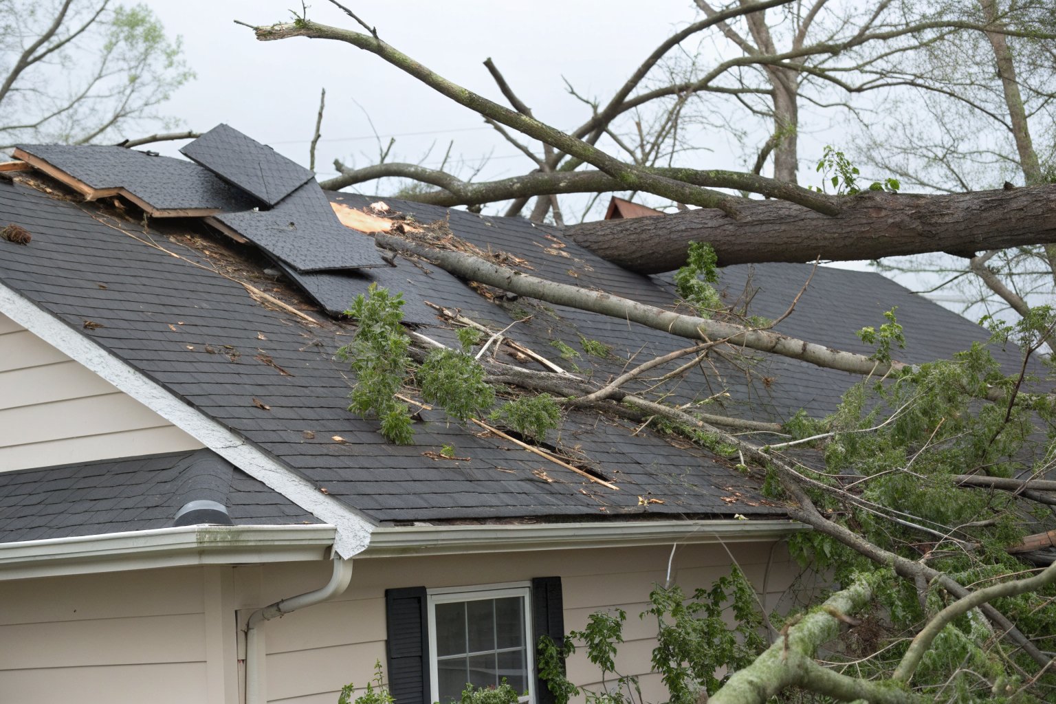 A fallen tree limb across a shingle roof with torn and lifted shingles after a windstorm